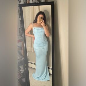 Elegant Blue Maxi Dress with Cowl Neck and Spaghetti Straps